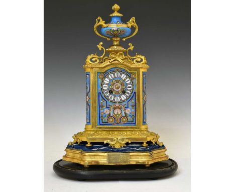 Japy Frères - 19th century French ormolu and porcelain mantel clock, the break-arched front panel, simulating champleve ename