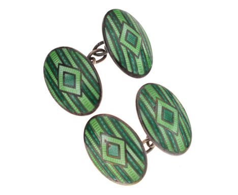 Pair of Charles Horner silver and green enamel oval cufflinks having Art Deco geometric decoration, cased, 9.3g approx