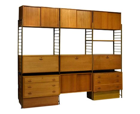Robert Heal for Staples - 'Ladderax' teak modular shelving system, comprising four cabinets with sliding doors, three fall-fr