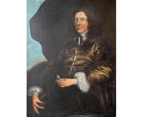 English school, circa 1700 - Oil on canvas – Portrait of a gentleman with compass, 93cm x 126cm, framed