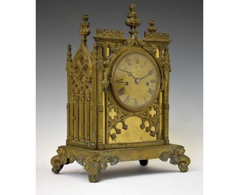 Mid 19th century gilt brass gothic double fusee bracket clock, the 5-inch convex dial signed ‘Jacobs, Hull’, the wire-driven 