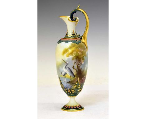 Walter Powell for Royal Worcester - Hadley shape ewer, of ovoid pedestal form, gilded and painted with a continuous river lan