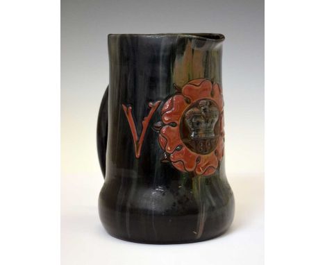 Elton Ware (Clevedon) pottery, Queen Victoria Diamond Jubilee Royal Commemorative slip ware jug, initialled VR and moulded wi