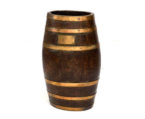 Royal Navy Interest – Early 20th century coopered barrel/stick stand of compressed swollen form with six copper bands and mou