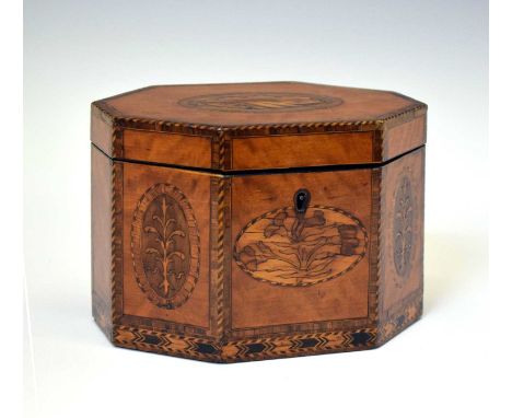 George III inlaid satinwood tea caddy, of octagonal or canted rectangular form, the hinged cover centred by a husk patera wit