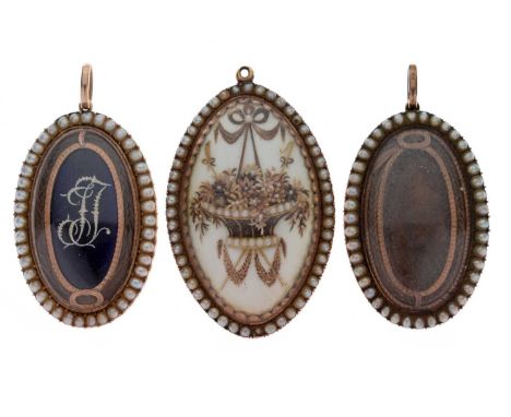Three late George III seed pearl-decorated pendants, the first finely decorated with a basket of flowers having seed pearl ri