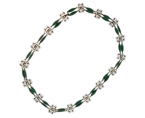Norwegian Marius Hammer white metal (950) and enamel necklace, formed as sixteen filigree flowerheads with white enamel centr