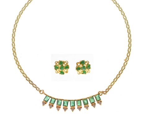 Emerald and white stone 14ct yellow gold fringe necklace, nine rectangular step cut emeralds, dimensions 3mm x 2.7mm approx, 