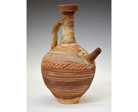 Mediterranean terracotta spouted jug or pitcher, probably Cypriot (Cypro-Archaic period) of bolbous form with discoid rim and