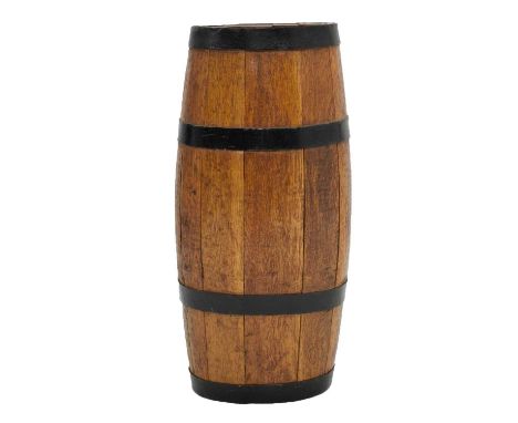 Iron bound coopered oak barrel stick stand of typical form, 67cm high