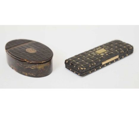 Two early 19th century gold-mounted carved horn boxes, circa 1800, the larger a tooth pick case, the hinged cover carved with