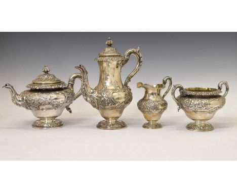 William IV Scottish silver four-piece tea and coffee service comprising teapot, coffee pot, twin handled sugar bowl and milk 