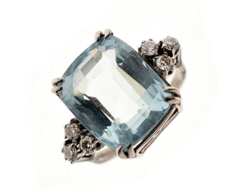18ct white gold, aquamarine, and diamond ring, the faceted cushion cut stone measuring approximately 11mm x 14mm x 7.5mm deep