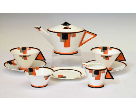 Eric Slater for Shelley - Art Deco 'Vogue' shape tête-à-tête tea set for two, painted in the 'Red Blocks' pattern, number 117