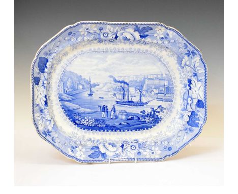 Bristol Interest - 19th century Pountney &amp; Allies (1816-35) blue transfer-printed pottery meat plate, circa 1825-35, deco