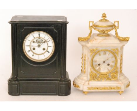 A 19th Century French gilt marble mantle clock eight day movement on stepped base and brass ball feet, height 40cm and a Vict