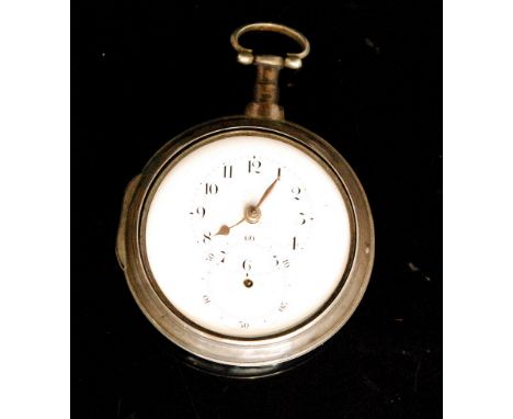 A hallmarked silver pair cased verge pocket watch, white enamel dial above seconds dial, both with Arabic numerals, movement 