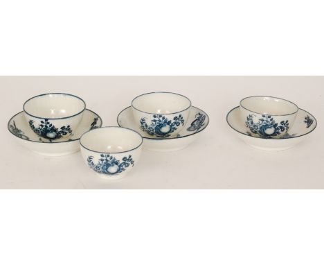 Three late 18th Century Caughley teabowls and saucers decorated in the blue and white Apple and Damson pattern together with 