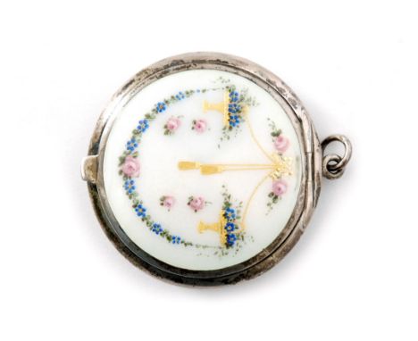 An early 20th Century circular compact the hinged cover with enamel rose heads and foliate swags to a mint green ground, engr