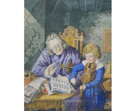 A 19th Century Berlin woolwork print of a musician instructing his pupil, framed, 31cm x 25cm