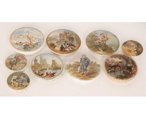 Nine assorted 19th Century Staffordshire Pratt Ware pot lids comprising six larger - Strasbourg, The Blue Boy, Good Dog, Cott