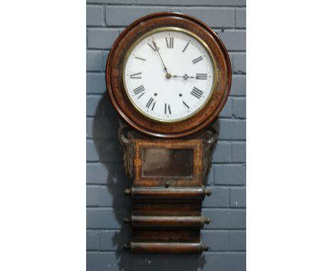 A 19th Century inlaid mahogany drop dial wall clock, with eight day movement and circular dial, height 82cm, together with a 