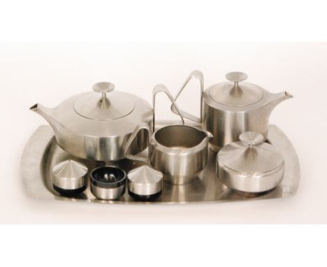 A 1960s four piece stainless steel tea service in the Alveston pattern, composed of tea pot, hot water, cream jug, sugar bowl