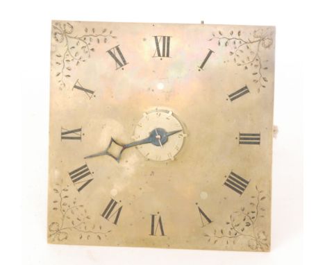 A thirty hour brass longcase clock movement striking on a bell with engraved corner floral and bow decoration, A/F. 