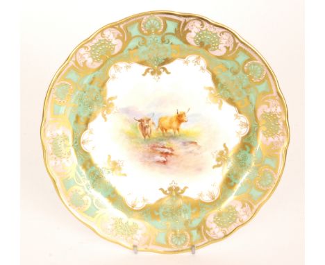 A later 20th Century Royal Worcester cabinet plate decorated by E. Townsend with hand painted Highland cattle in a mountainou