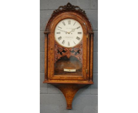 A 19th Century figured walnut wall clock with twin fusee movement and lyre shaped pendulum, the dial signed 'Harthill, Birmin