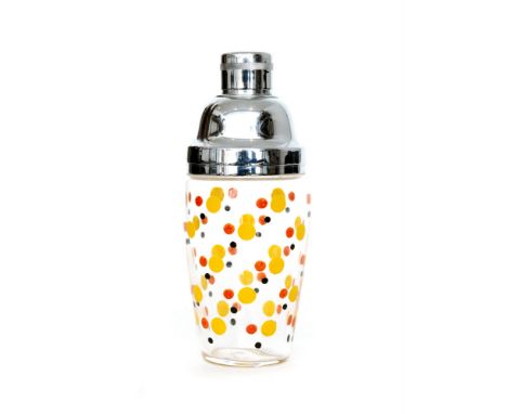 A 1930s Stuart & Sons glass cocktail shaker of tapered form with chromed fittings, decorated with yellow, red and black spots