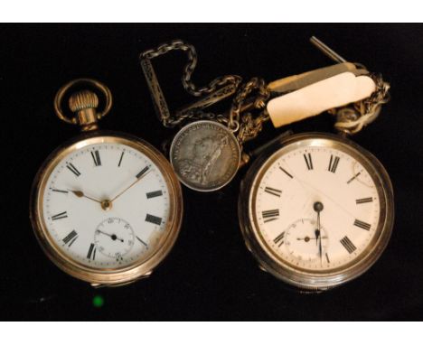A gold plated open faced pocket watch with white enamelled dial, Roman numerals and subsidiary seconds dial, Dennison case an