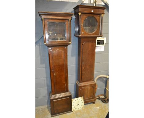 A 19th Century oak longcase clock case with brass capital pillared hood and a similar case, no movements (2) A/F