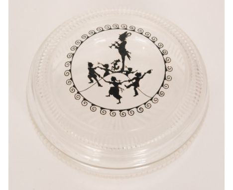 A 1920s Steinschonau glass powder bowl and cover designed by Adolf Beckert, with a central black silhouette enamelled scene o