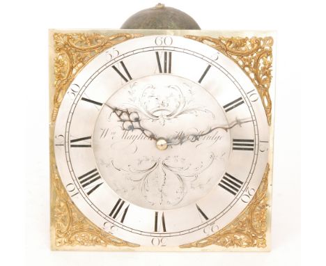 A thirty hour brass longcase clock movement with silvered chapter ring inscribed Wm Mayhew Woodbridge, acanthus decorated wit