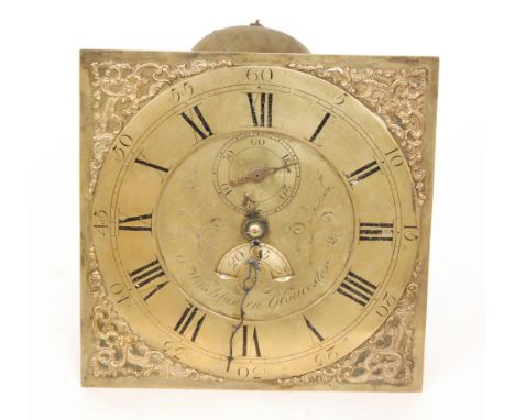 A thirty hour brass longcase clock movement striking on a bell, inscribed 'Washbourn, Gloucester', with subsidiary seconds di