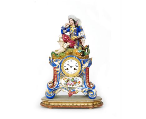 A late 19th Century Continental painted porcelain mantle clock in the rococo style formed in two parts, the top section in th