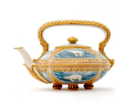 A Royal Worcester compressed tea kettle later decorated in the round with hand painted polar bears on glaciers in the style o