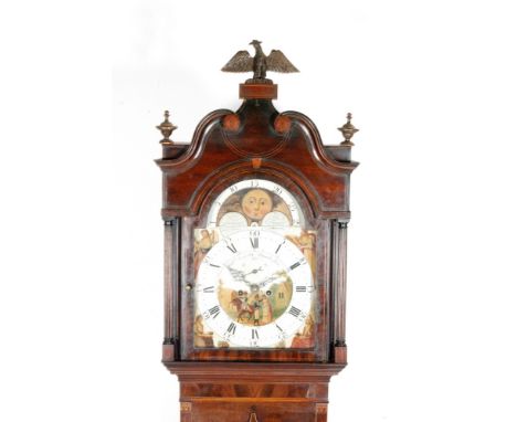 A 19th Century inlaid mahogany longcase clock with eight day striking movement, the broken arch painted dial signed 'William 