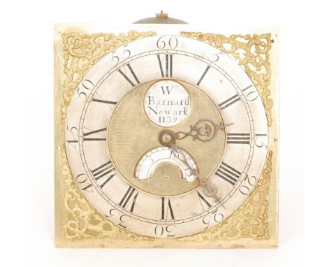 A thirty hour longcase clock movement with silvered chapter ring and recessed centre inscribed W Barnard Newark 1139 with bra