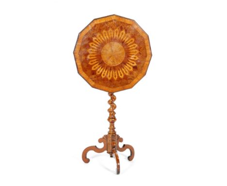 A 19th Century marquetry inlaid twelve sided snap-top occasional table, the top with a radiating design on a turned pedestal 