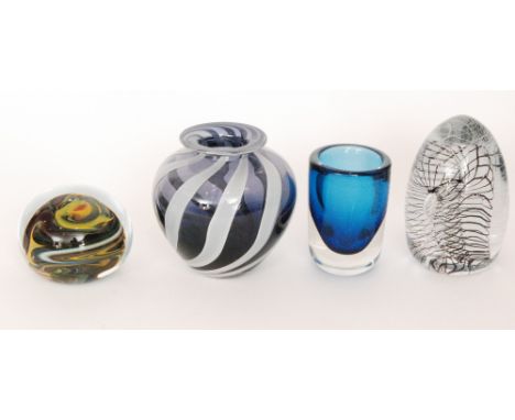 A group of studio glass comprising an Allister Malcolm vase of shouldered form below a flat rim decorated with opal bands wit