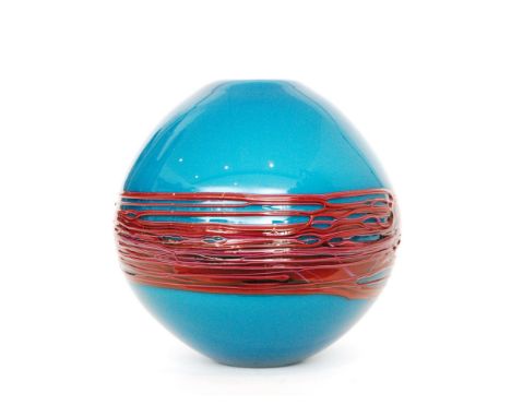 A contemporary Bob Crooks studio glass vase of globular form, decorated with a band of red whiplash trailing over a blue grou