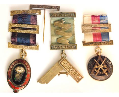 Three hallmarked silver Masonic jewels, two Derbyshire examples each with central blue enamel decoration, with a Portland Lod