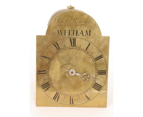 A small thirty hour brass longcase clock movement striking on a bell with arch brass dial inscribed Rich Wright Witham, A/F. 