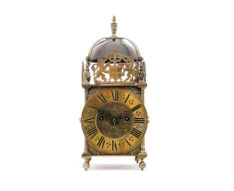 A 17th Century style and later converted brass lantern clock, with fusee movement and pendulum below a bell and finial, pierc