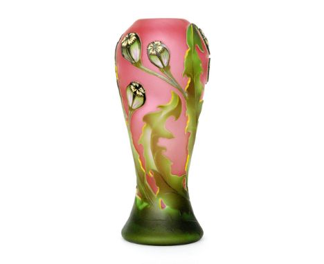 A later 20th Century Okra studio cameo glass vase by Richard Golding and Sarah Cowan, of waisted form cased in green and opal