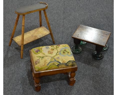 A small occasional table on glass legs, a tapestry stool and a footstool (3)