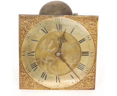 A thirty hour brass longcase clock movement inscribed Edwd How Holford and dated 1764, the centre decorated with birds and sc