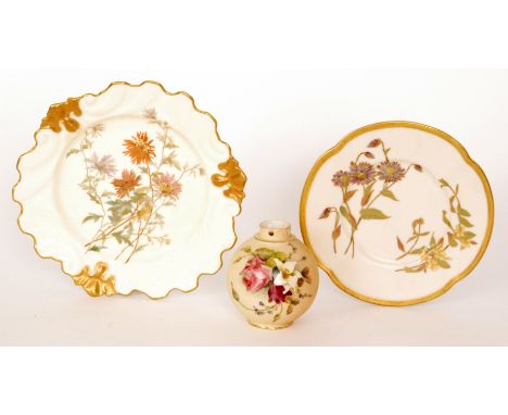 Three pieces of late 19th to early 20th Century Royal Worcester Blush Ivory comprising two plates, each with floral decoratio